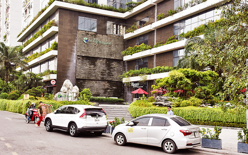 Sân vườn bao quanh tòa nhà Ecolife Capitol ngập tràn sắc xanh.