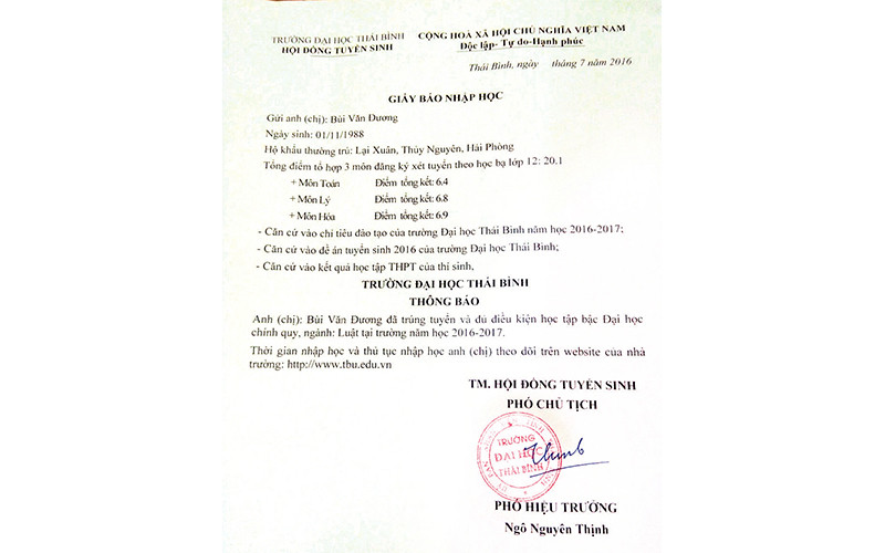 Giấy báo nhập học của sinh viên Bùi Văn Ðương là hệ chính quy Trường đại học Thái Bình.
