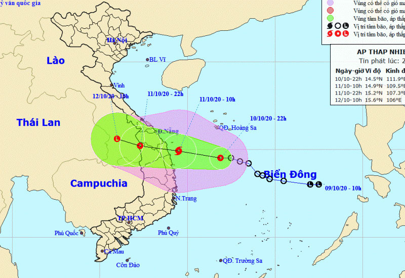 Vị trí và hướng di chuyển của áp thấp nhiệt đới. (Nguồn: kttv.gov.vn)