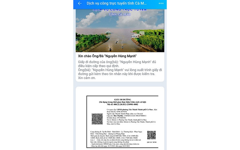 Một mẫu giấy đi đường của người dân Cà Mau được cấp trực tuyến qua Cổng Dịch vụ công trực tuyến tỉnh Cà Mau.