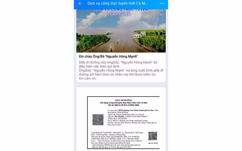Một mẫu giấy đi đường của người dân Cà Mau được cấp trực tuyến qua Cổng Dịch vụ công trực tuyến tỉnh Cà Mau.