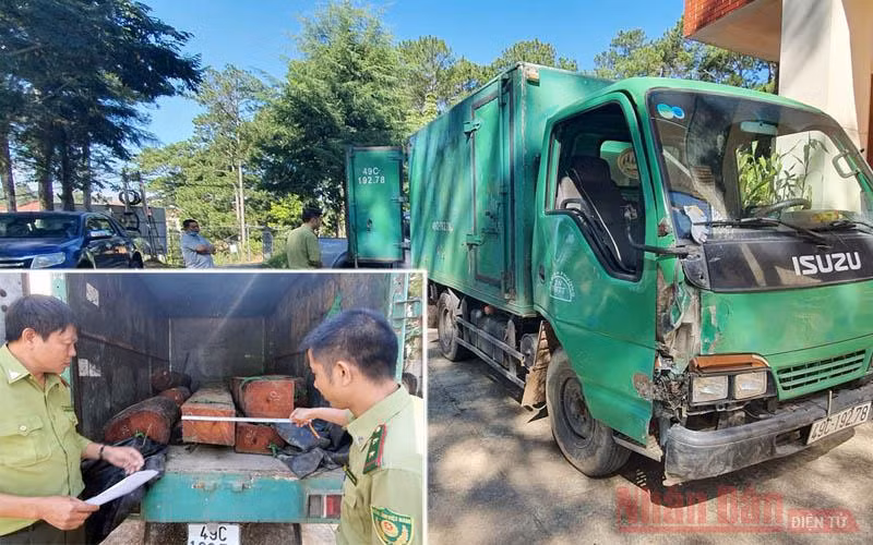 Ô tô cùng tang vật gỗ lậu tại cơ quan kiểm lâm.