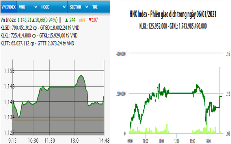 Diễn biến VN-Index và HNX-Index, phiên giao dịch ngày 6-1. 