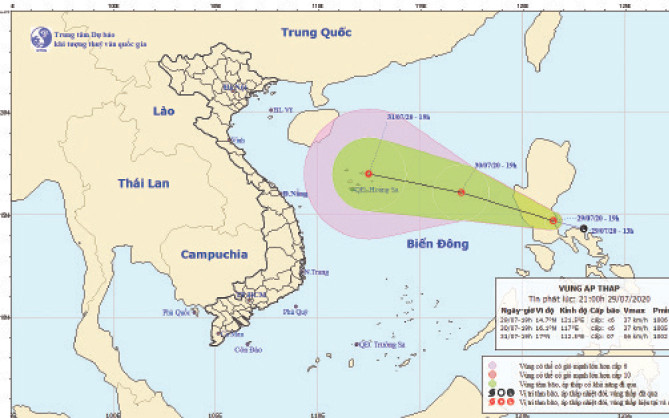 Dự báo vị trí và đường đi của vùng áp thấp đang hoạt động gần Biển Đông.