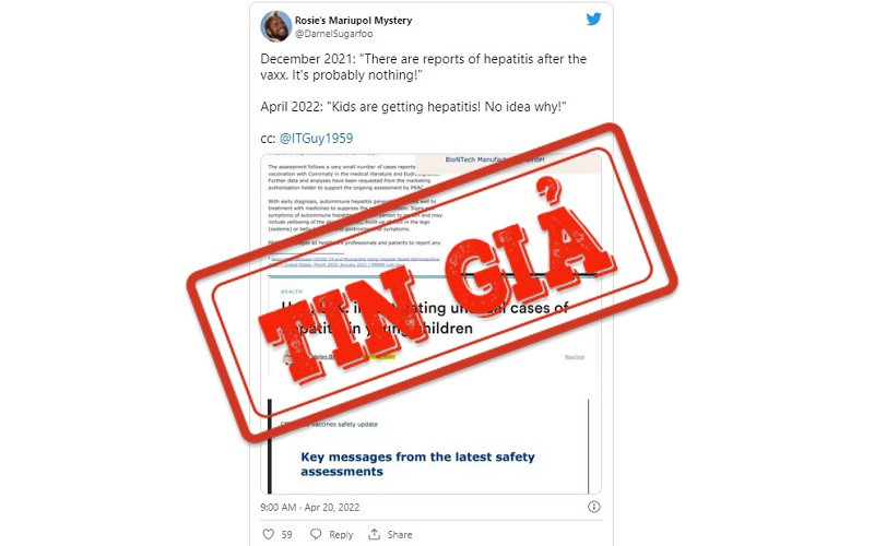 Một bài đăng trên Twitter cho rằng vaccine Covid-19 có liên quan đến các trường hợp trẻ em mắc viêm gan ở một số quốc gia hiện nay.
