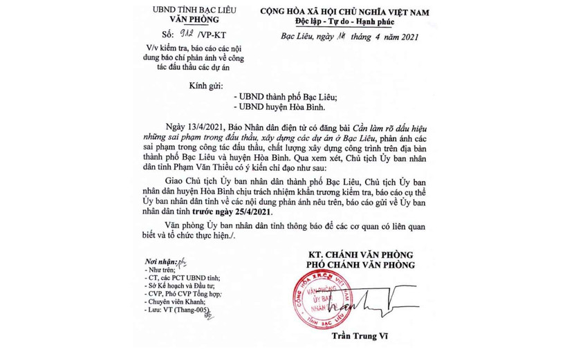 Văn bản của UBND tỉnh Bạc Liêu chỉ đạo Chủ tịch UBND TP Bạc Liêu và huyện Hòa Bình (Bạc Liêu) khẩn trương kiểm tra, báo cáo UBND tỉnh vấn đề Báo Nhân Dân đã nêu.