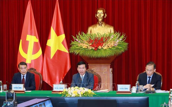 Đồng chí Võ Văn Thưởng, Ủy viên Bộ Chính trị, Thường trực Ban Bí thư phát biểu tại hội đàm. Ảnh: Phương Hoa/TTXVN