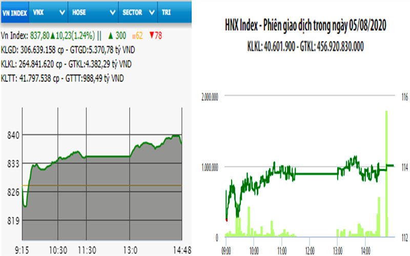 Diễn biến VN-Index và HNX-Index, phiên giao dịch ngày 5-8. 
