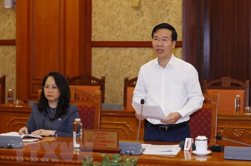 Đồng chí Võ Văn Thưởng, Ủy viên Bộ Chính trị, Thường trực Ban Bí thư phát biểu tại buổi giao ban. (Ảnh: TTXVN)