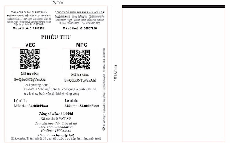 Mẫu phiếu thu tiền cho hành khách sử dụng đường bộ cao tốc do VEC quản lý.