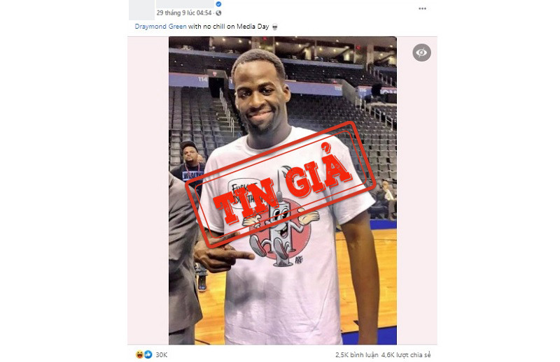 Ảnh cầu thủ bóng rổ Draymond Green mặc áo phông với thông điệp về vaccine không phải là ảnh gốc.