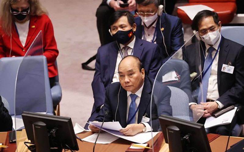 Chủ tịch nước Nguyễn Xuân Phúc tham dự và phát biểu tại một phiên họp cấp cao của Hội đồng Bảo an Liên hợp quốc. (Ảnh: TTXVN)