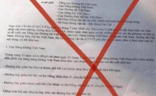 Văn bản lan truyền trên mạng xã hội về "dừng các đường bay nội địa từ 0 giờ ngày 31-7" là giả mạo.