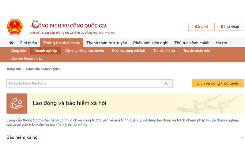 Dịch vụ công về lao động, bảo hiểm xã hội trên Cổng Dịch vụ công quốc gia.