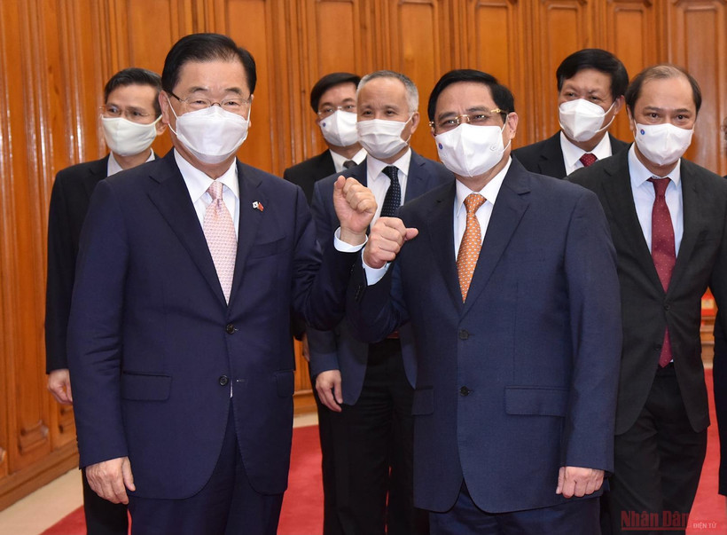 Bộ trưởng Ngoại giao Hàn Quốc Chung Eui Yong cùng Thủ tướng Phạm Minh Chính. 