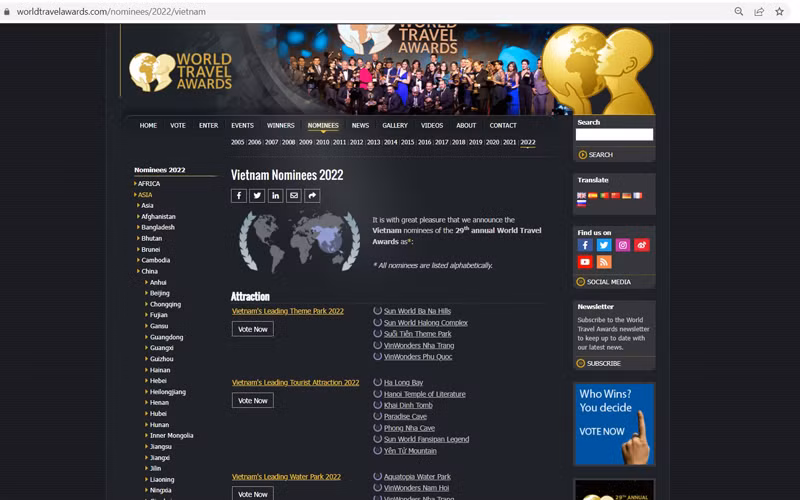 Cùng bình chọn cho du lịch Việt Nam tại 61 hạng mục của World Travel Awards khu vực châu Á năm 2022 (Ảnh: chụp màn hình)