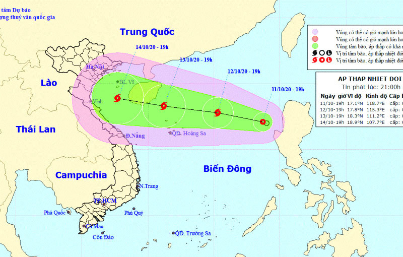 Vị trí và hướng di chuyển của áp thấp nhiệt đới trên Biển Đông. (Nguồn: kttv.gov.vn)