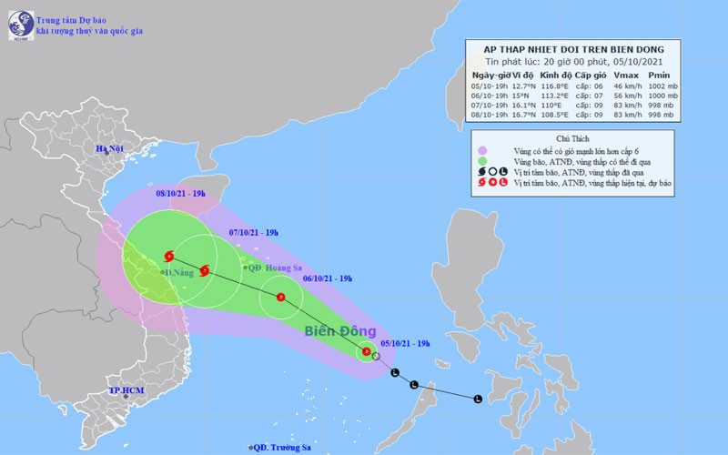 Vị trí và hướng di chuyển của áp thấp nhiệt đới trên Biển Đông. (Nguồn: nchmf.gov.vn)
