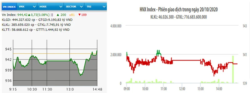 Diễn biến VN-Index và HNX-Index phiên giao dịch ngày 20-10.