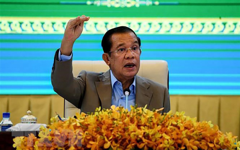 Thủ tướng Samdech Techo Hun Sen tại một cuộc họp báo ở Phnom Penh, Campuchia. (Ảnh: AFP/TTXVN)