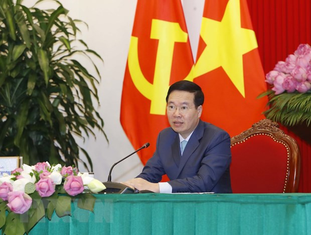 Thường trực Ban Bí thư Võ Văn Thưởng phát biểu tại hội đàm trực tuyến. (Ảnh: Phương Hoa/TTXVN)
