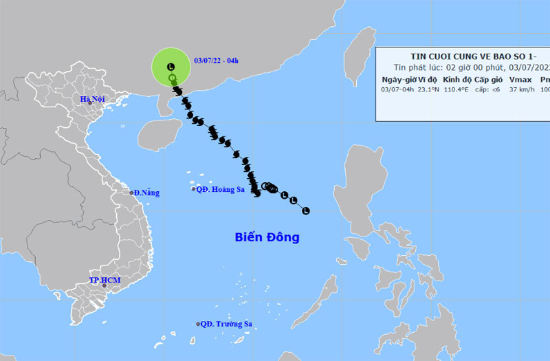 Vị trí và hướng di chuyển của vùng áp thấp. (Nguồn: nchmf.gov.vn)