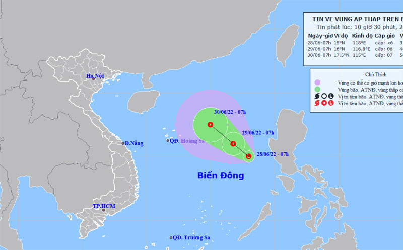 Vị trí và hướng di chuyển của vùng áp thấp trên Biển Đông. (Nguồn: nchmf.gov.vn)