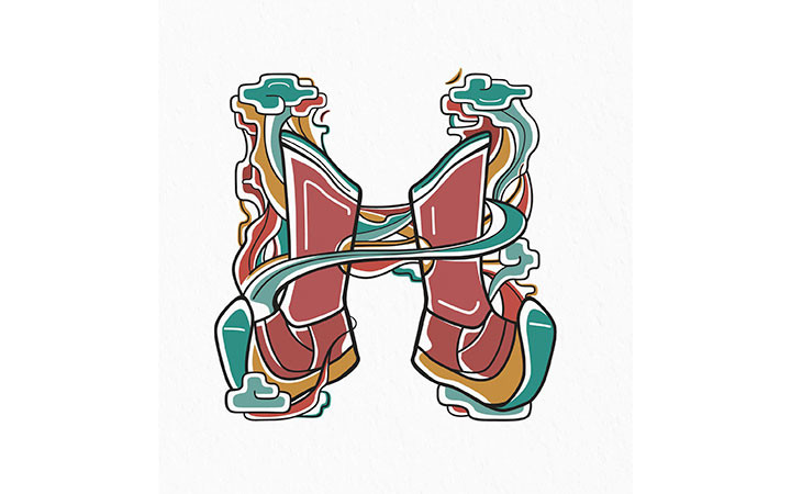 Chữ H trong bảng ký tự của dự án “Bội Tự” giới thiệu về đôi hia của nghệ sĩ hát bội.