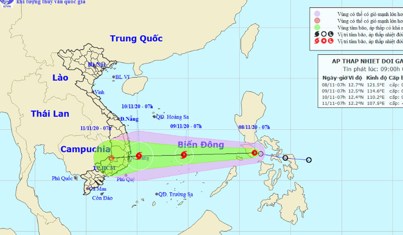 Vị trí và hướng di chuyển của áp thấp nhiệt đới. (Nguồn: nchmf.gov.vn)