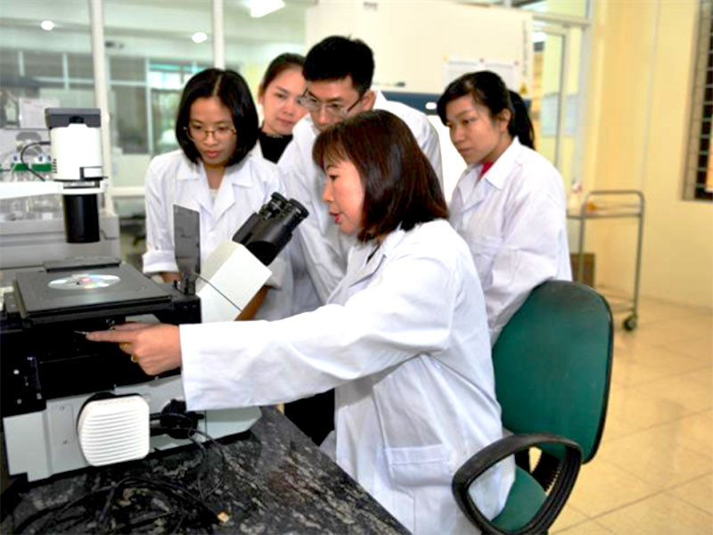 PGS.TS Trần Thị Thu Hà hướng dẫn sinh viên nghiên cứu.