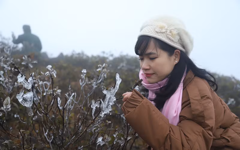 Bạn trẻ thích thú trước hiện tượng băng giá.