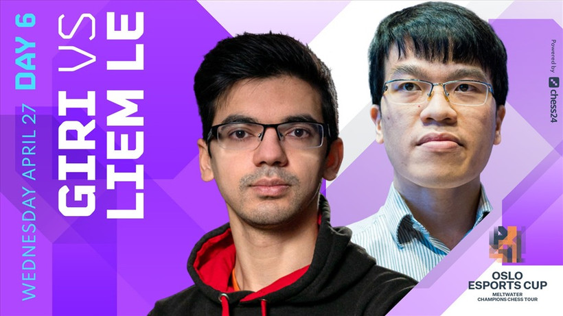 Lê Quang Liêm (phải) thi đấu áp đảo trước kỳ thủ số 1 Hà Lan Anish Giri. (Ảnh: Chess24)