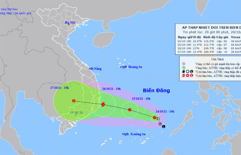 Vị trí và hướng di chuyển của áp thấp nhiệt đới. (Nguồn: nchmf.gov.vn)