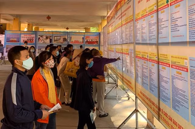 Lao động tìm hiểu thông tin tại Phiên giao dịch việc làm quận Nam Từ Liêm, Hà Nội (Ảnh: HCES).