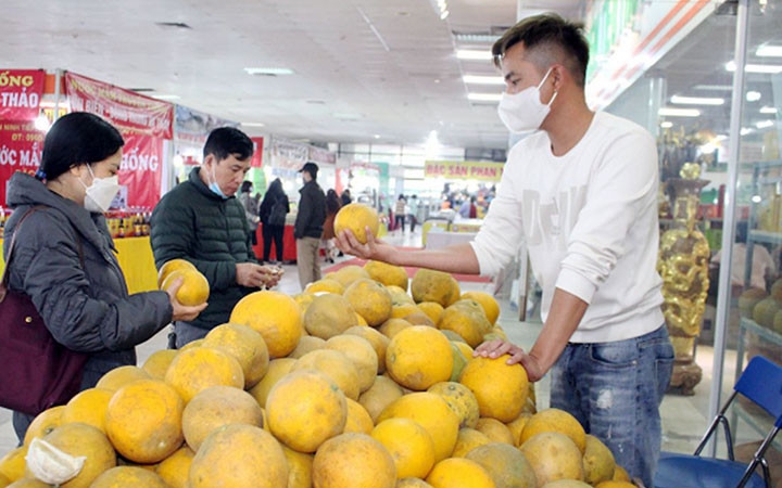 Nông sản OCOP ở Hội chợ Xuân Nhâm Dần 2022 tại Trung tâm Xúc tiến thương mại nông nghiệp (Cầu Giấy, Hà Nội). Ảnh: TRUNG QUÂN