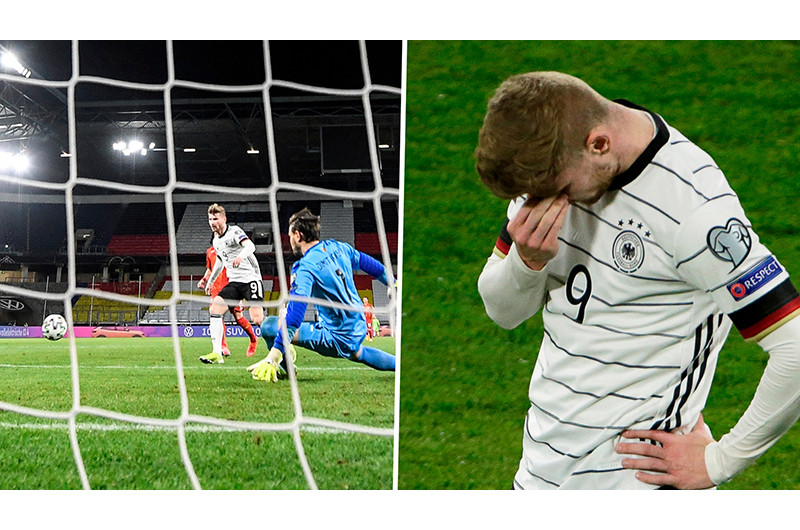 Timo Werner với pha bỏ lỡ kinh dị phút 80 trong trận gặp Bắc Macedonia. (Ảnh: Goal)