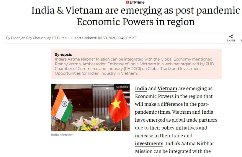 Báo Economic Times có bài viết ca ngợi Việt Nam đang nổi lên như cường quốc kinh tế trong khu vực. (Ảnh chụp màn hình)