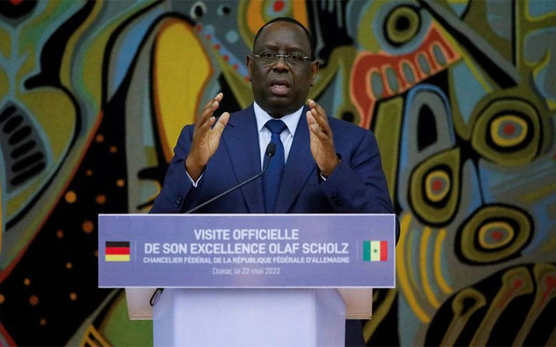 Tổng thống Senegal Macky Sall phát biểu trong buổi họp báo khi tiếp đón Thủ tướng Đức Olaf Scholz, ngày 22/5/2022 tại Dakar. (ẢNH: REUTERS)