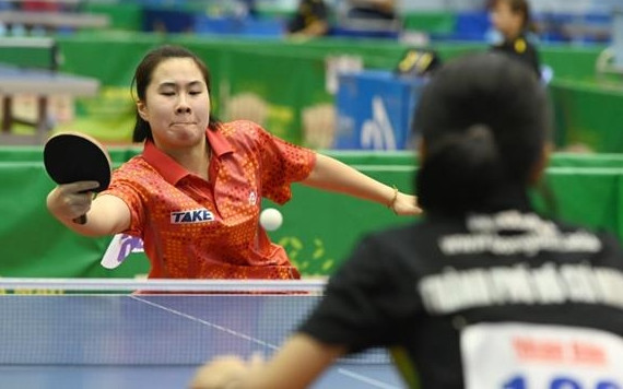 Trận thi đấu tại nội dung đồng đội nữ giữa Hà Nội 1 với TP Hồ Chí Minh 3.