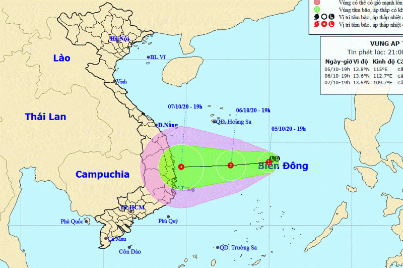 Vị trí và hướng di chuyển của vùng áp thấp. (Nguồn: kttv.gov.vn)