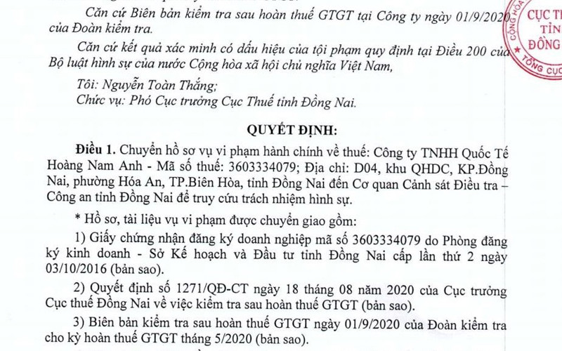 Quyết định chuyển hồ sơ vụ việc sang cơ quan điều tra.
