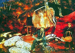 Bức tranh "Ông ké Kách mệnh về
Pắc Bó năm 1941" của họa sĩ Thế Vị.