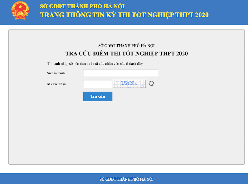 Giao diện trang tra cứu điểm thi trực tuyến của Sở GD-ĐT Hà Nội