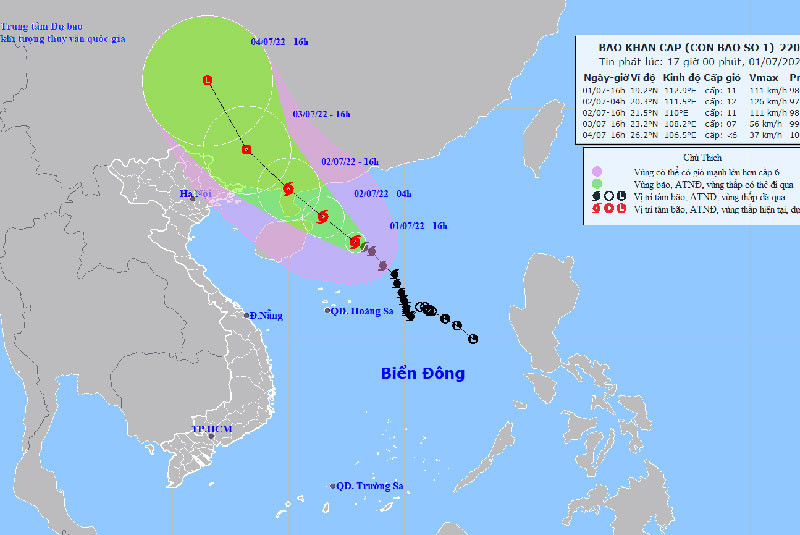 Vị trí và hướng di chuyển của bão số 1 lúc 16 giờ ngày 1/7. (Nguồn: nchmf.gov.vn)