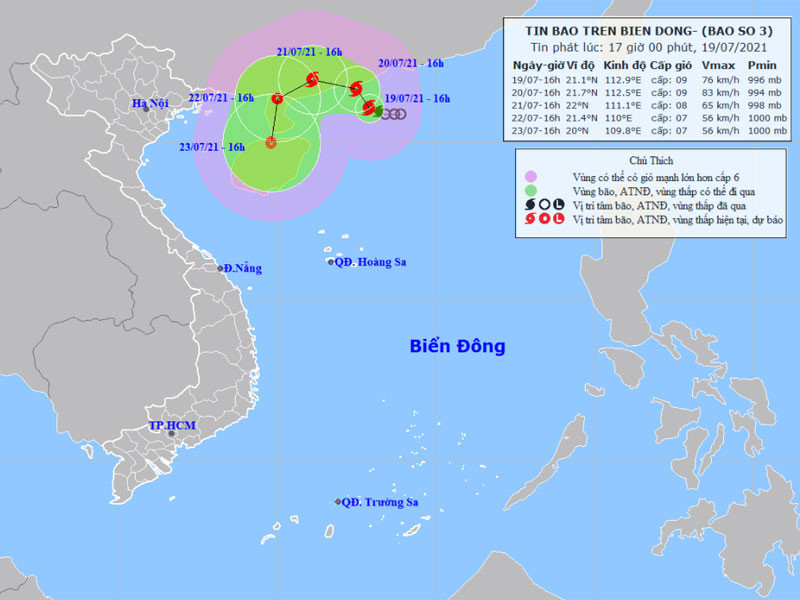 Vị trí và hướng di chuyển của bão số 3. (Nguồn: nchmf.gov.vn)