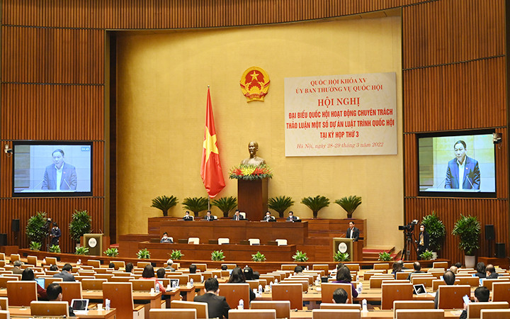 Đại biểu Quốc hội hoạt động chuyên trách thảo luận dự án Luật Điện ảnh (sửa đổi). (Ảnh ĐĂNG ANH)