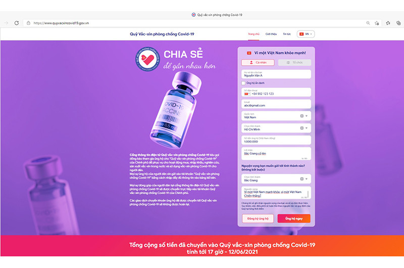Website huy động ủng hộ trực tuyến cho Quỹ vaccine Covid-19