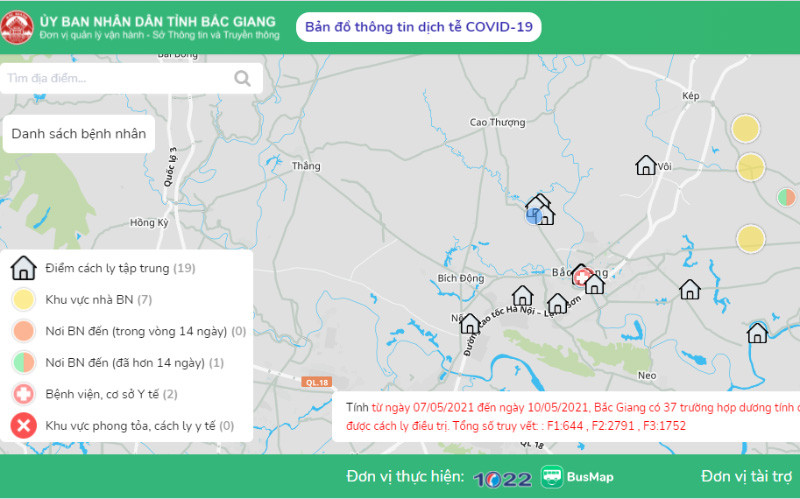 Hình ảnh thể hiện của Covidmaps Bắc Giang (Ảnh chụp màn hình)