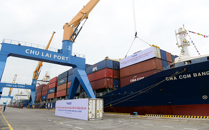 Xuất khẩu lô hàng trái cây đầu tiên ở cảng Chu Lai (Quảng Nam). Ảnh: THẾ PHONG