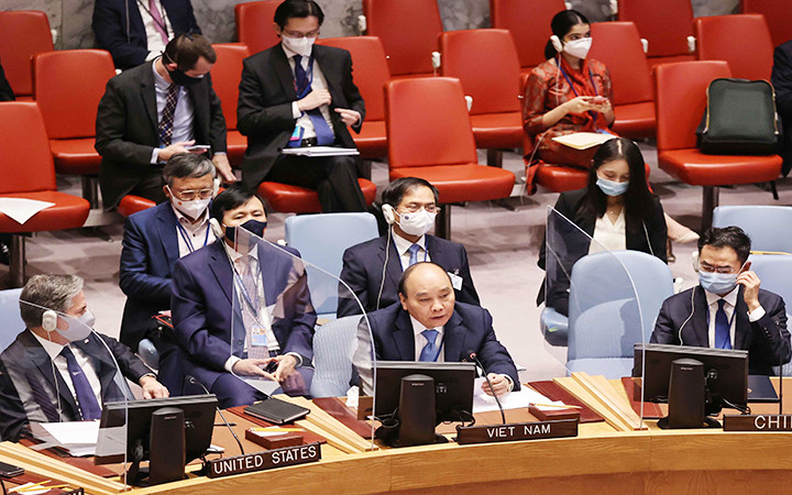 Chủ tịch nước Nguyễn Xuân Phúc phát biểu tại Phiên thảo luận cấp cao của Hội đồng Bảo an về biến đổi khí hậu. Ảnh: TTXVN